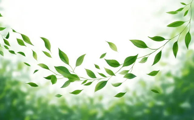 Green leaves float in gentle motion against a bright, soft-focus spring background.
