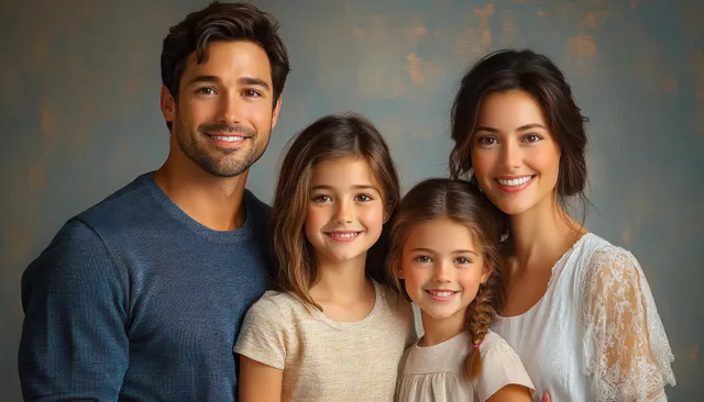 Smiling parents with two young daughters pose closely together in a studio portrait against a neutral background.