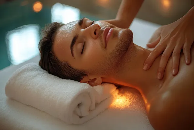A masseuse’s hands knead an athletic man’s shoulders as he rests on a spa table with warm lighting.