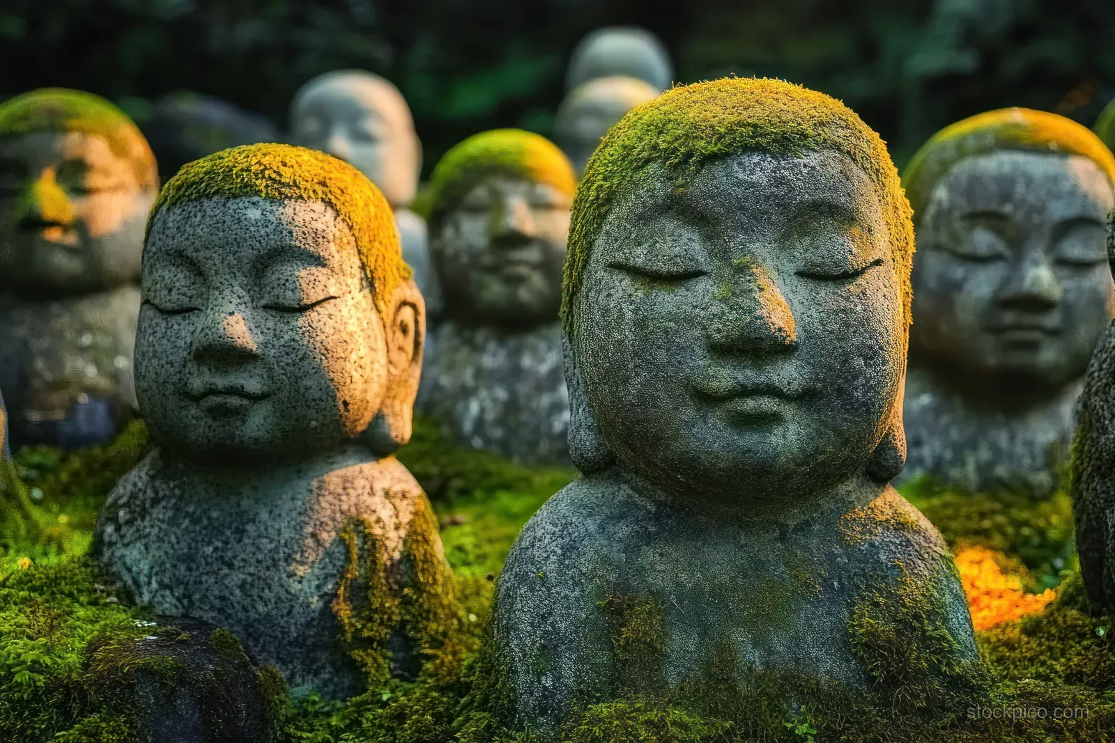 Mossy stone bodhisattva statues stand in a Kyoto temple garden as golden light filters through greenery.