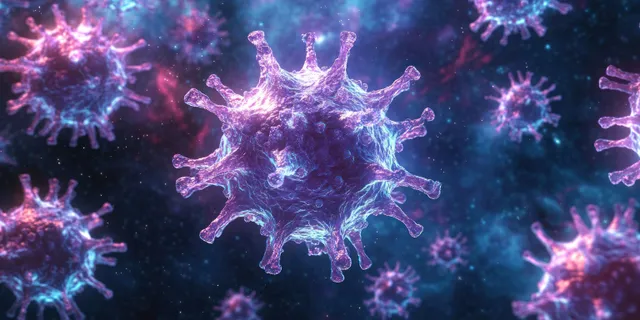 Spiked virus particles float in a glowing fluorescent microscopic background in a 3D rendering.