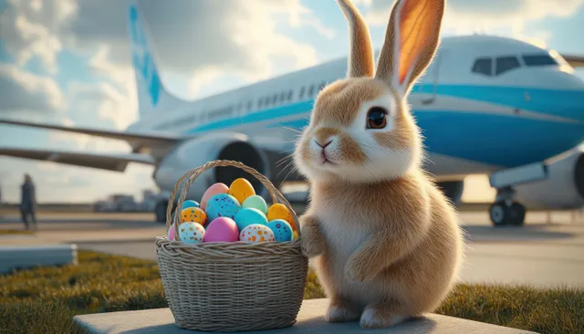 Brown and white rabbit sits beside a wicker basket of colorful decorated Easter eggs on an airport runway with an airplane behind.