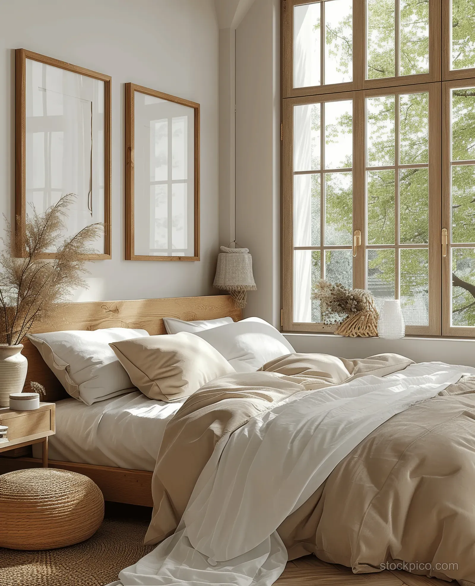 Bohemian bedroom with three oak vertical wall frames, light linen bedding, woven pouf, and sunlight from a large window.