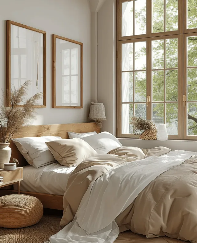 Bohemian bedroom with three oak vertical wall frames, light linen bedding, woven pouf, and sunlight from a large window.
