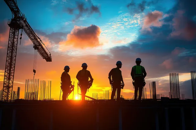 Silhouetted construction workers and an engineer stand on an industrial site at sunset with cranes and a glowing sky behind.
