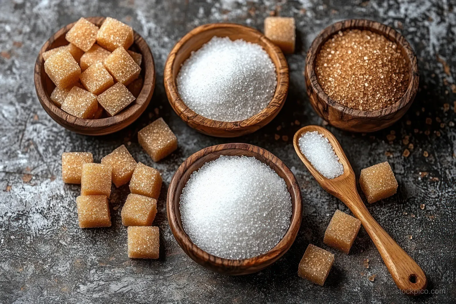 White and brown sugar granules and brown sugar cubes sit in small wooden bowls with a wooden spoon on stone.