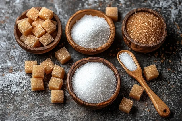 White and brown sugar granules and brown sugar cubes sit in small wooden bowls with a wooden spoon on stone.