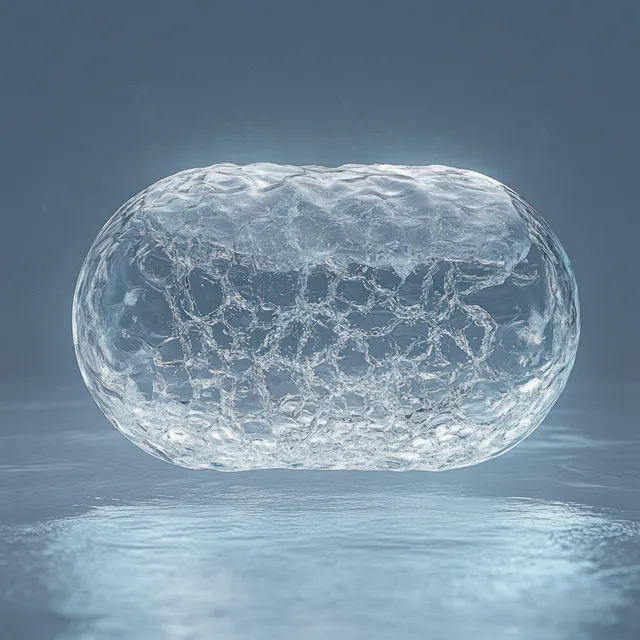An irregular translucent ice crystal floats above a smooth reflective surface in cool blue light.