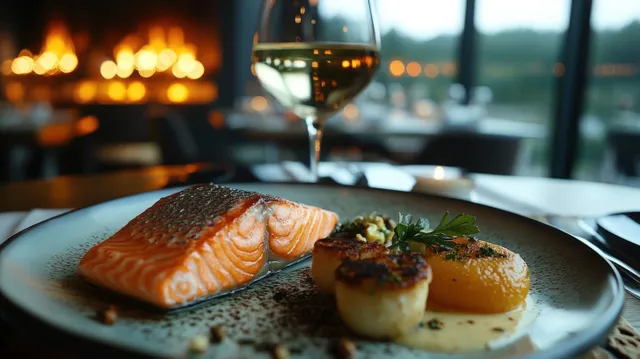 Plate with seared salmon and scallops, herb garnish, and a glass of white wine on a softly lit restaurant table.