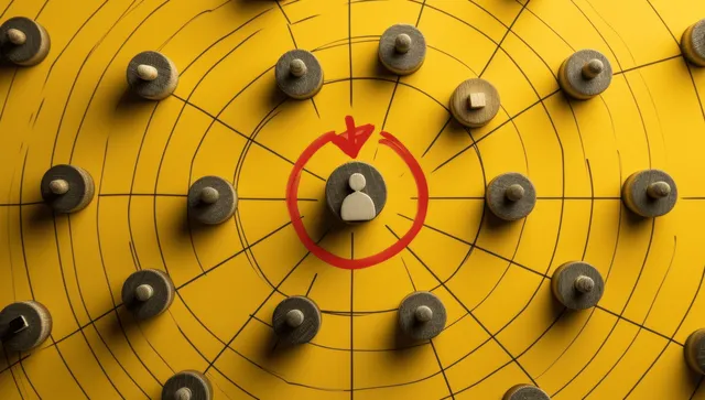A red target with a human icon is surrounded by connected pins on a yellow grid.