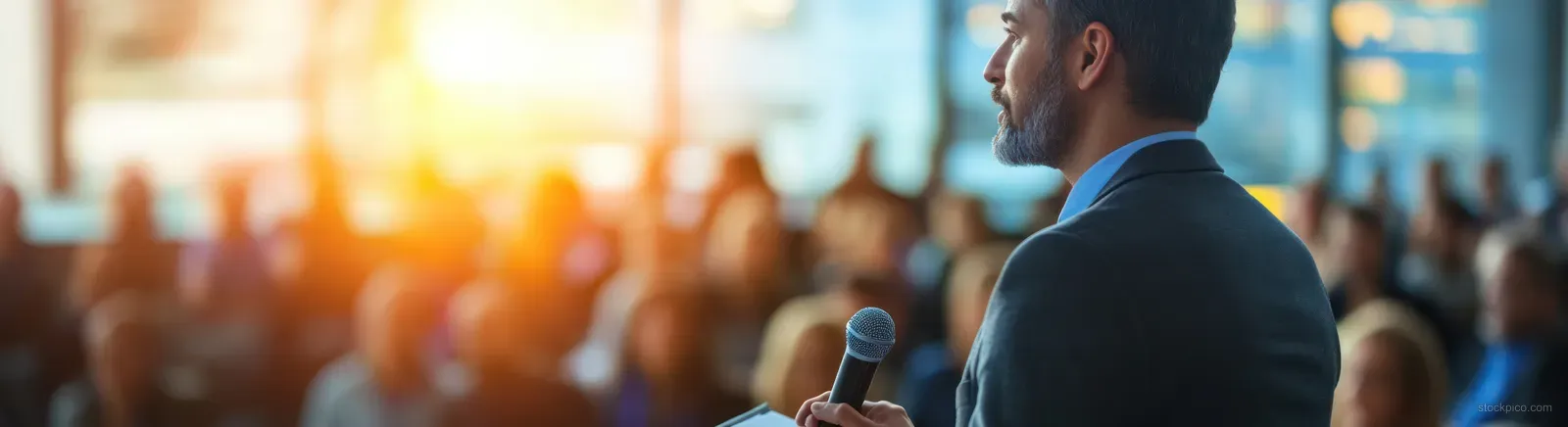 Executive speaker stands on a conference stage speaking into a microphone as the audience watches behind a stage barrier.
