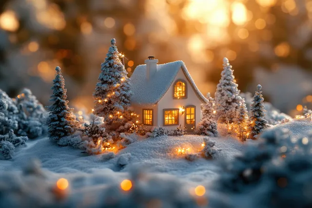 A snow-covered cottage with glowing windows and small Christmas trees surrounded by warm bokeh lights.