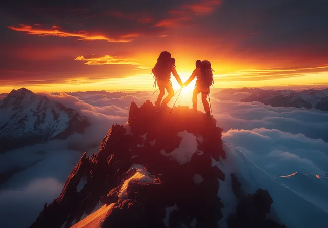 Two hikers silhouetted on a rocky summit help each other against a dramatic orange sunset.
