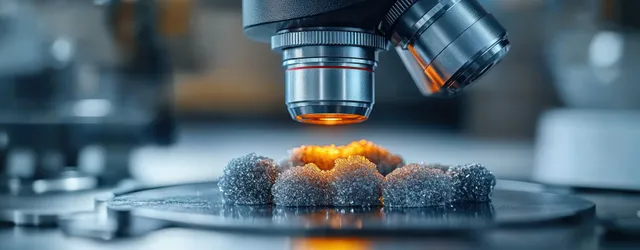 A microscope lens examines an orange-glowing crystalline sample on a lab stage with blurred instruments in the background.