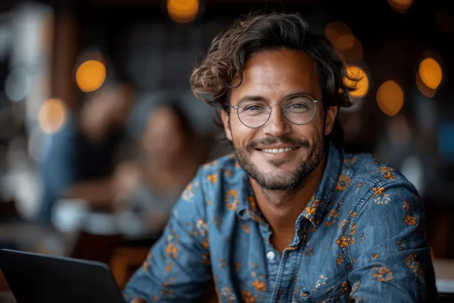 Smiling entrepreneur types on a laptop at a desk in an office with coworkers blurred in the background.