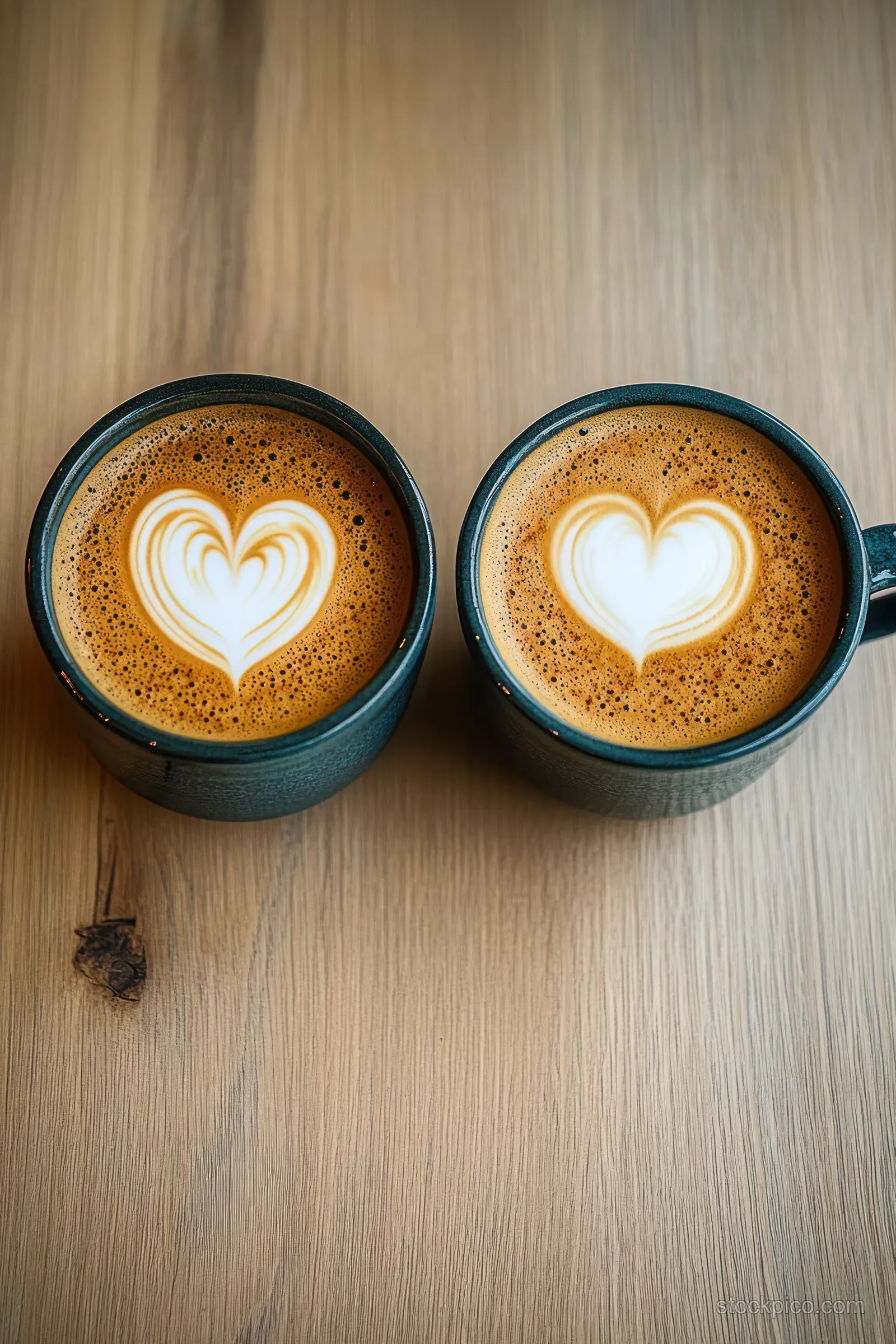 Two ceramic cups of coffee with heart-shaped latte art sit on a wooden table.