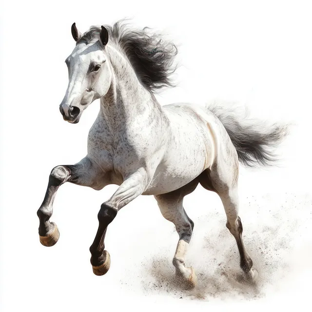 White horse galloping with flying mane and kicking dust on clean white background