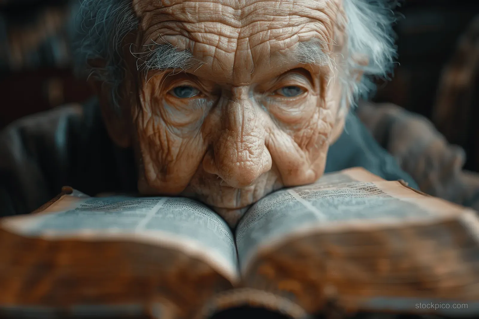 Elderly man praying beside an open Bible in a cozy living room with warm light.