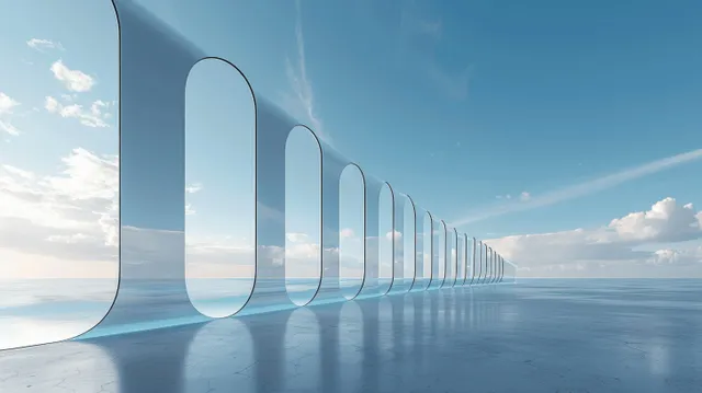 Empty concrete floor stretches toward curved glass arches and a blue sky horizon in a futuristic 3D render.