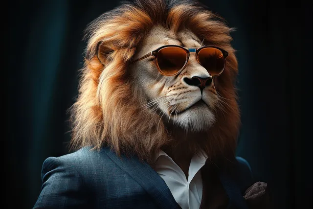 A lion in sunglasses and a suit poses in front of a dark studio background with dramatic lighting.