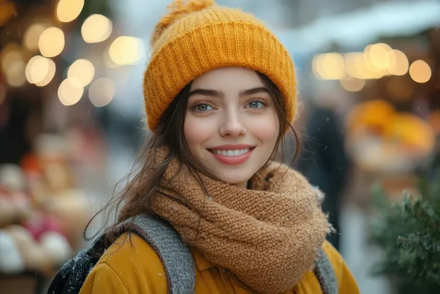 Smiling woman in yellow coat at festive winter market with warm lights