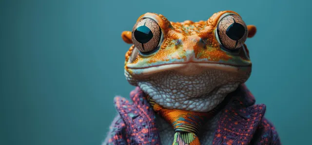 A frog wearing sunglasses and a purple jacket poses on a blue studio background.