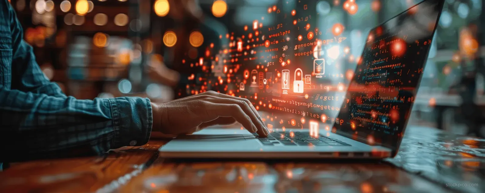 Hands type on a laptop beside a smartphone as encrypted network code and glowing padlock icons float in the dark.