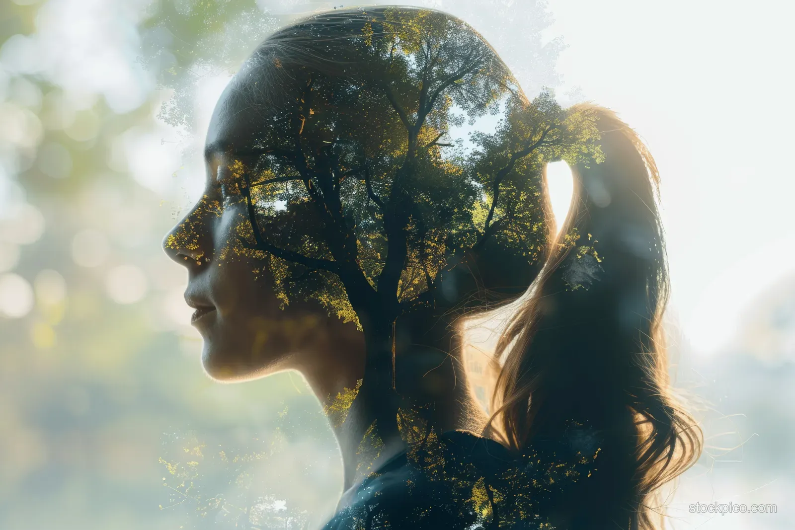 Woman profile silhouette blends with a sunlit tree canopy, creating a calm nature-inspired mental wellness scene.