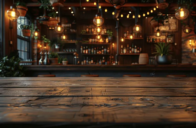 Empty wooden tabletop in a dim pub bar with blurred bottle shelves and warm hanging bokeh lights.