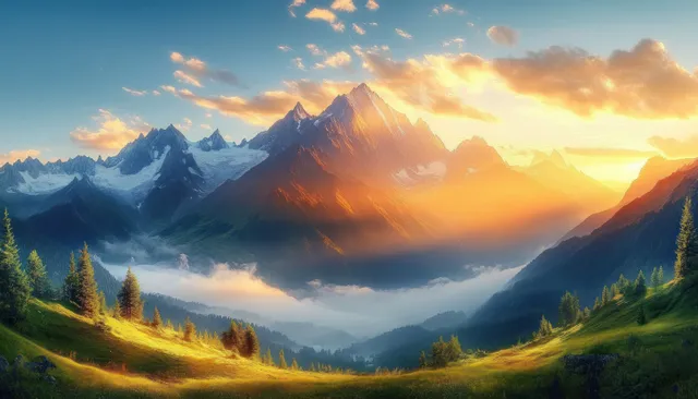 Sunrise Casting Golden Rays Across Misty Mountain Valley