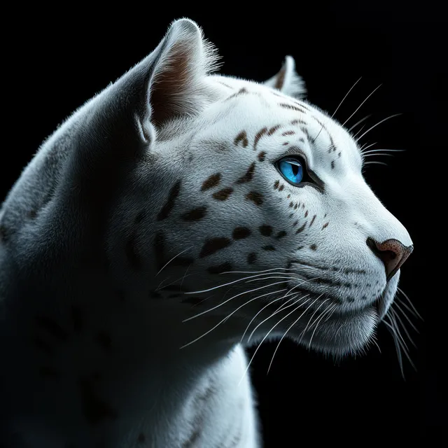 A white leopard profile with bright blue eyes and detailed whiskers against a deep black background.