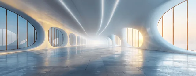 Futuristic curved white interior corridor with glass windows and concrete floor in daylight with Curved Geometric Forms