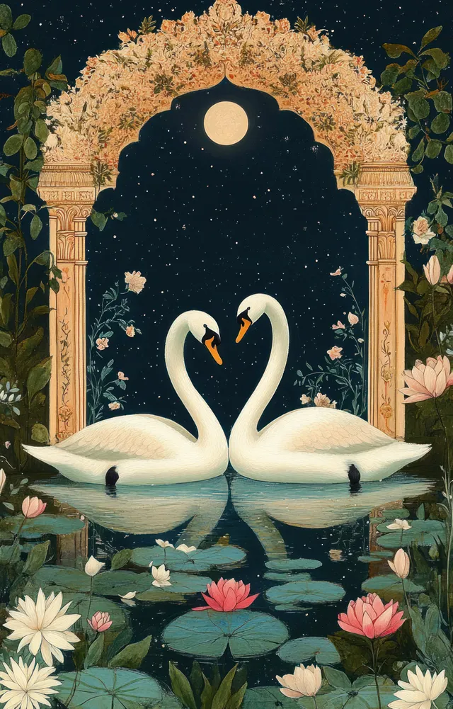 Two swans float on a moonlit lily pond with lotus leaves and flowers under an ornate arch.