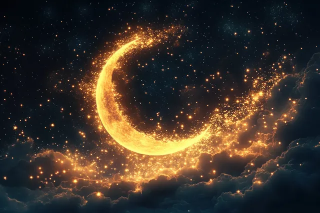 A glowing crescent moon made of golden stardust floats above dark blue clouds and tiny sparkling particles.