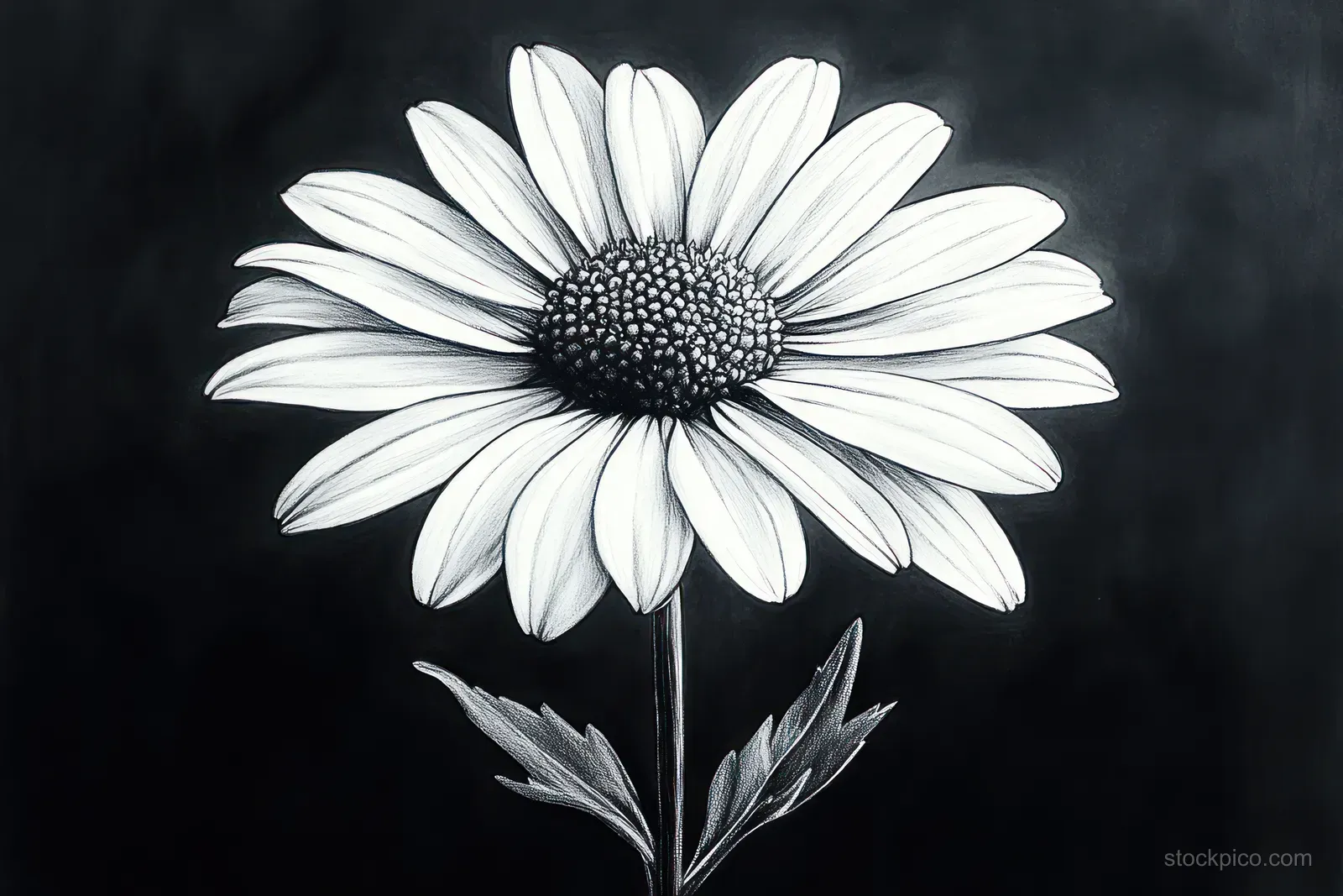 A single black-and-white daisy sketch with a textured center and elongated petals on a dark background.