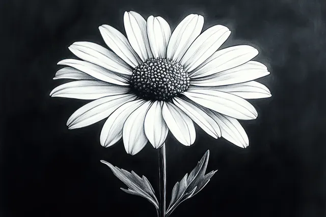 Single daisy flower sketch with textured center and elongated petals on dark background