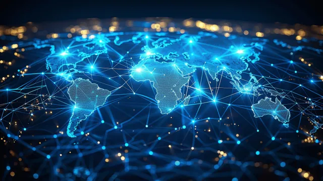 Futuristic holographic globe network lines glowing above a digital interface