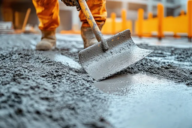 A worker smooths wet concrete on a construction site floor using a metal shovel.