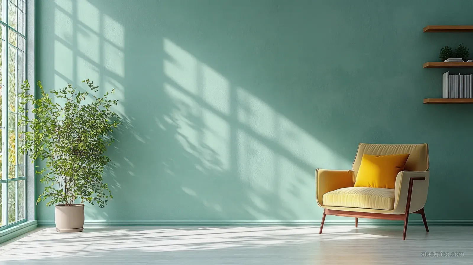 Mint-green living room with a yellow-cushioned armchair, potted plant, and sunlit window shadows on the floor.