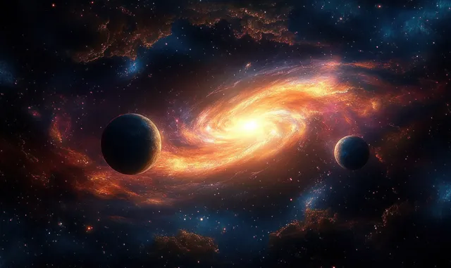 Two dark planets orbit a bright glowing nebula with swirling gas and stardust in deep space.