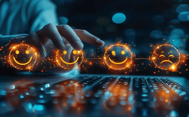 Hands typing on a laptop keyboard with glowing star rating icons hovering over the screen.
