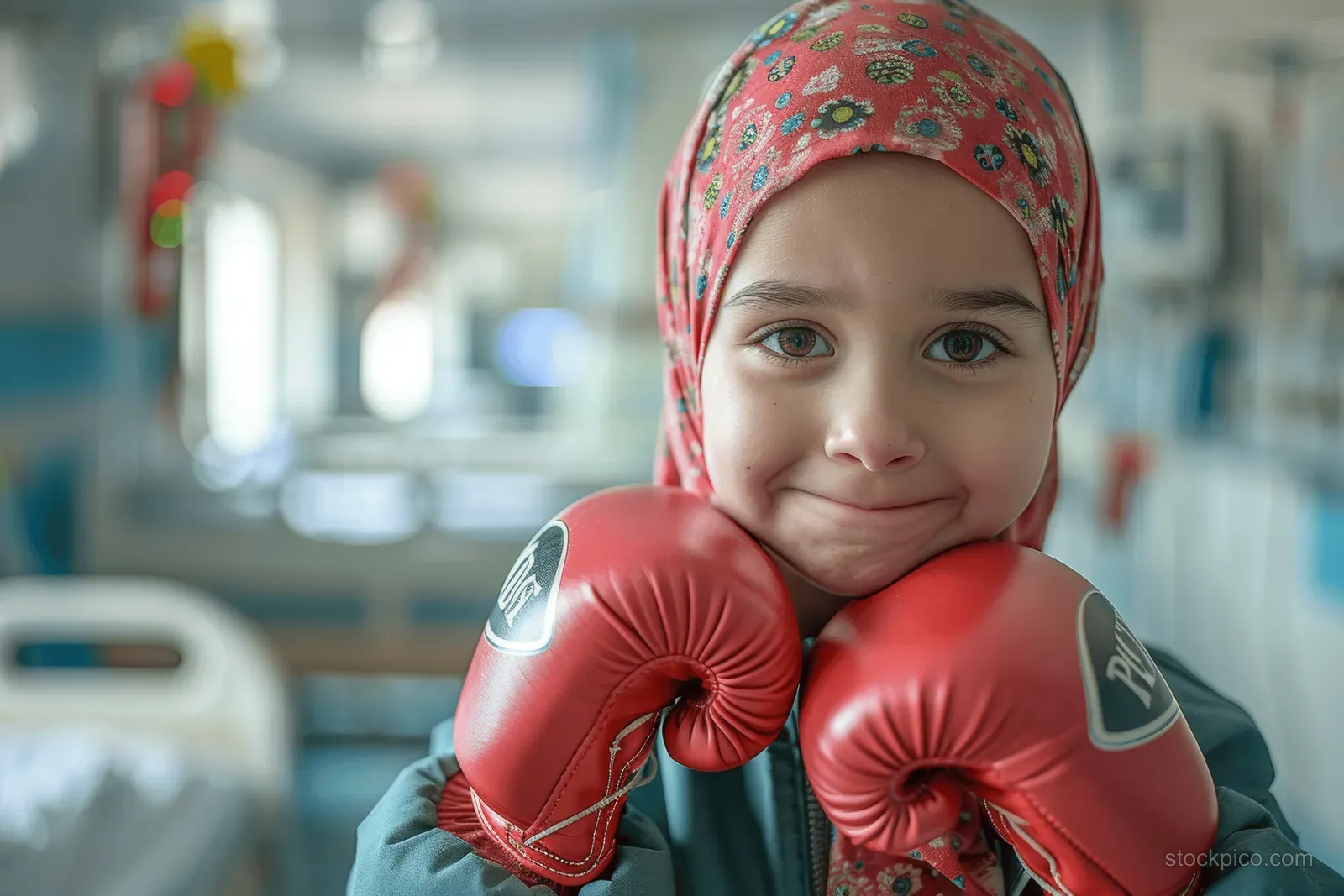 Smiling girl in a hospital room wearing a patterned headscarf and red boxing gloves.