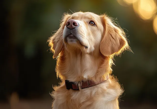 Golden retriever wearing a collar looks up in warm sunlight.