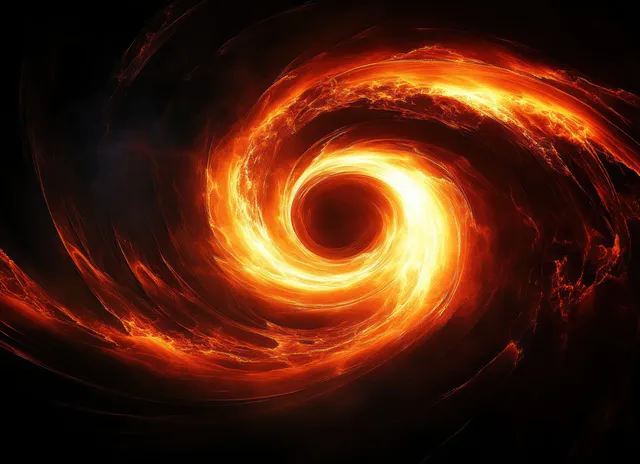 Glowing orange core inside a swirling fire vortex with curved flames on a dark smoky background.