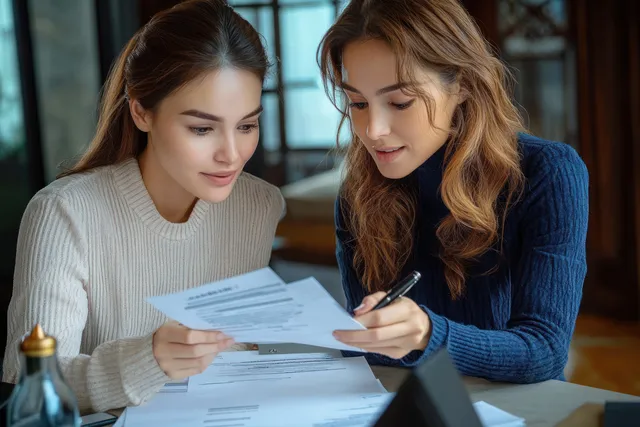 Two young women review printed documents and write notes at a wooden table indoors.