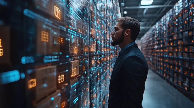 A businessman faces glowing digital inventory icons along a warehouse aisle filled with stacked shelves.