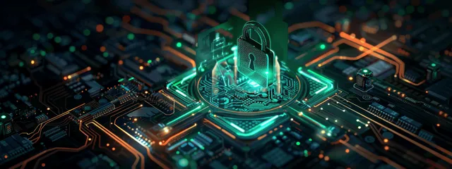 电路板上方有一个发光的绿色全息锁头，周围有网络线条和网络安全符号。