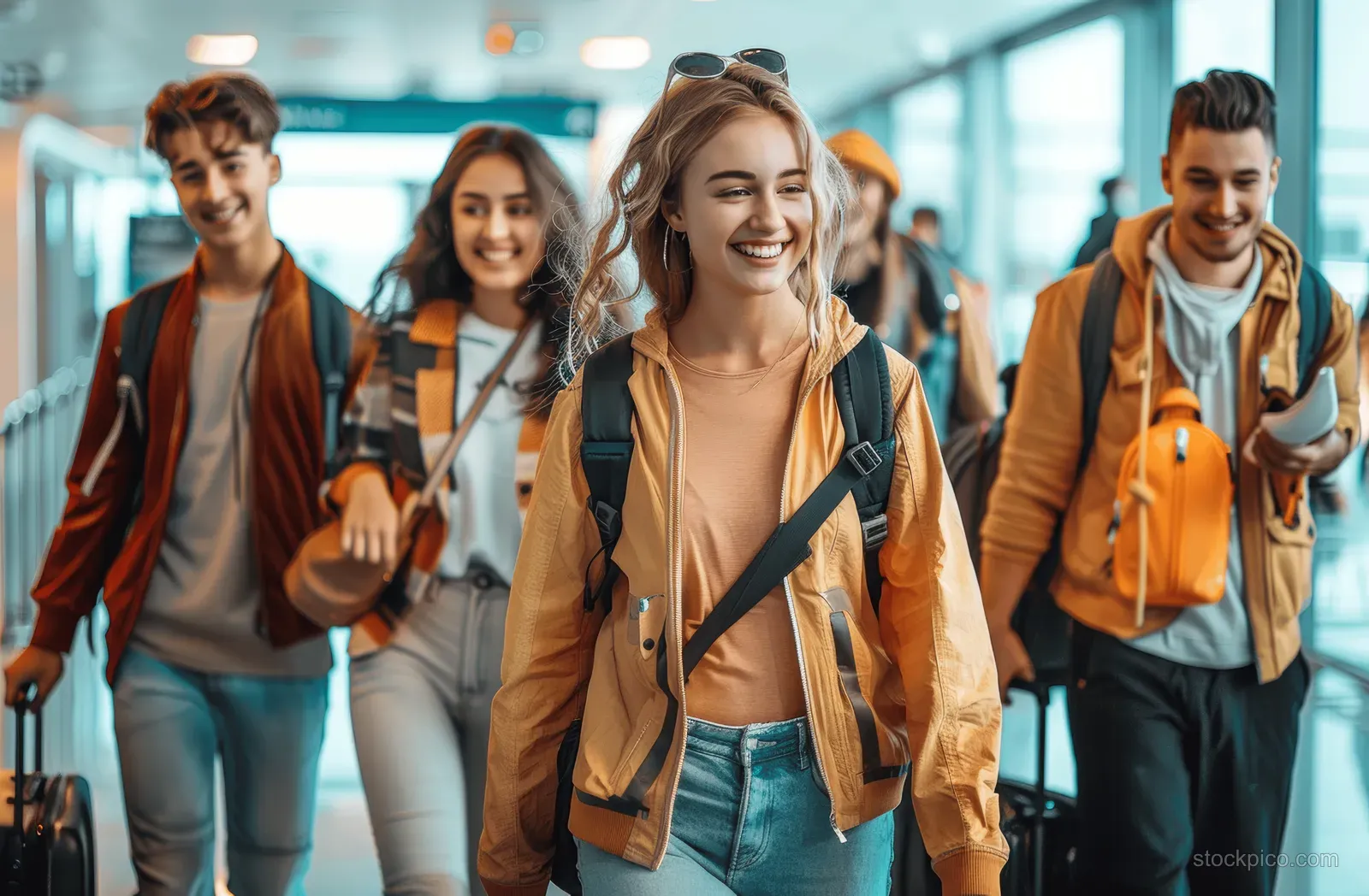 Young travelers stand together in an airport lounge holding backpacks and rolling suitcases while chatting.
