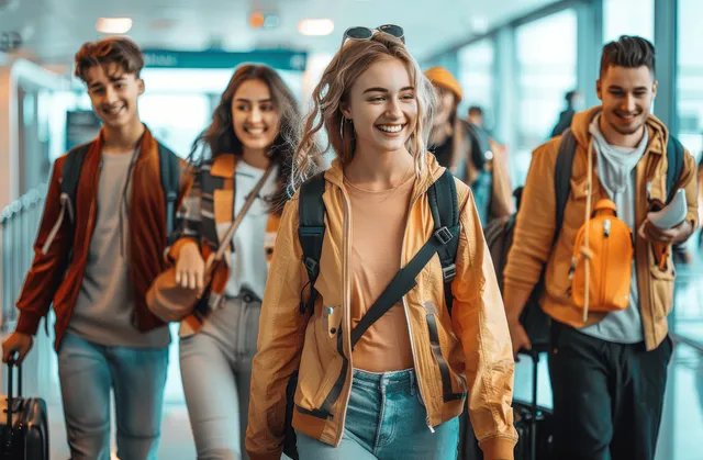 Young travelers stand together in an airport lounge holding backpacks and rolling suitcases while chatting.