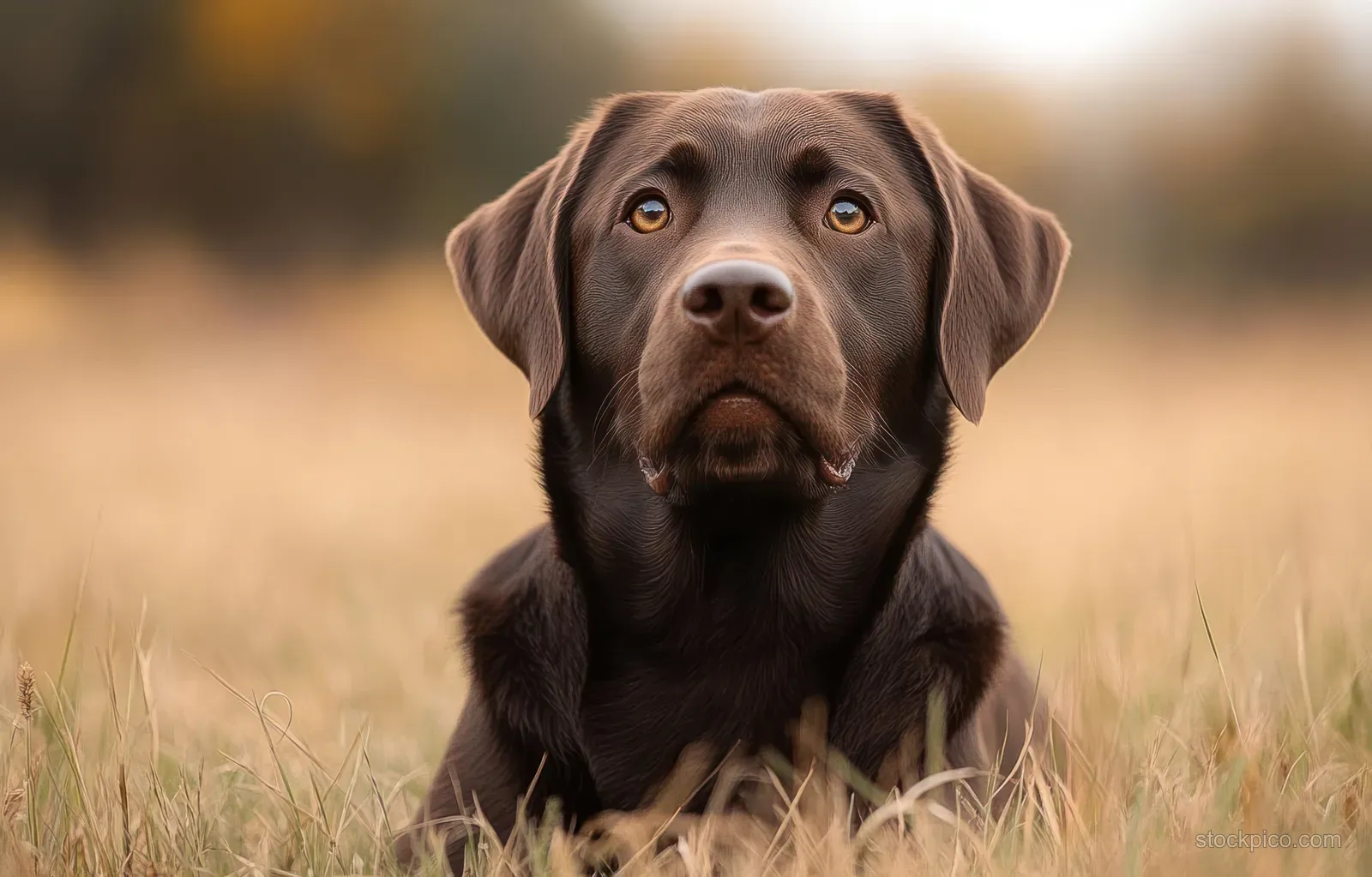 Chocolate-brown dog lying in dry grass, looking up with attentive eyes in warm golden light.
